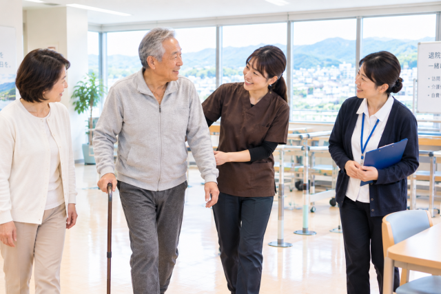 亀岡市の回復期病院で理学療法士と地域連携室の相談員、家族が退院後の訪問リハビリについて相談している様子