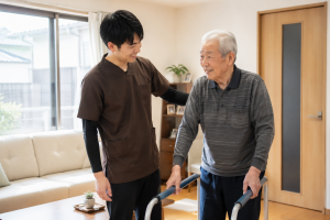 長岡京市で理学療法士が利用者へ自費訪問リハビリを行い、歩行練習をサポートしている様子