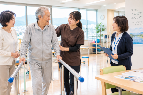 京都府長岡京市の回復期病院で理学療法士と地域連携室の相談員、家族が退院後の訪問リハビリについて相談している様子