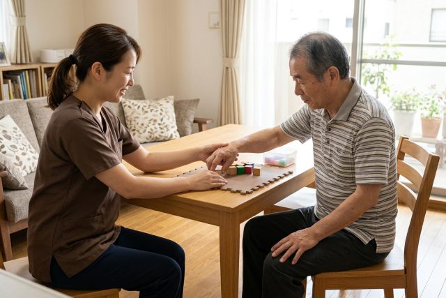 脳梗塞後に手足の動きを確認しながら理学療法士とリハビリを行う男性