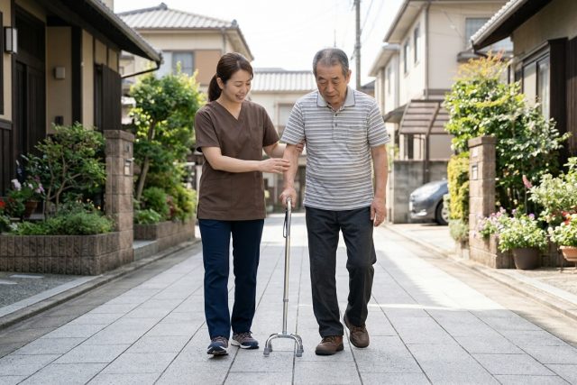 脳卒中後の男性が理学療法士と屋外で歩行訓練を行っている様子